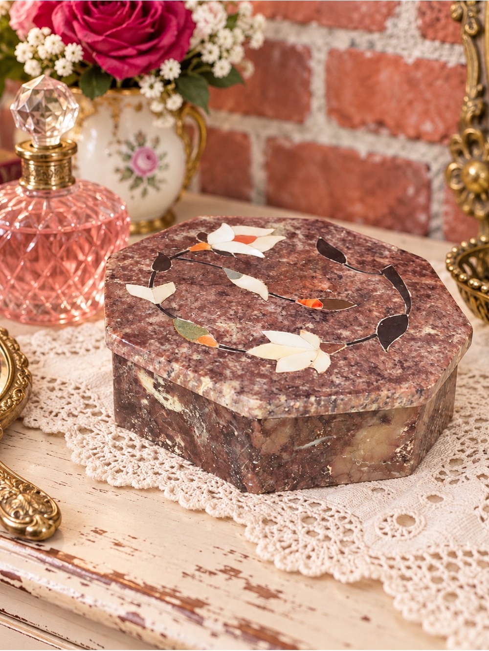 Vintage Fetco Brown Floral Soapstone Mother of Pearl Inlay Trinket Box